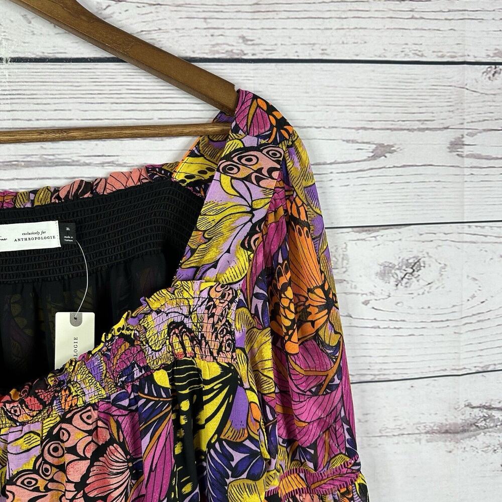 Anthropologie Alexandra Farmer Blouse Womens XL Butterfly Fairy Garden Smocking - Picture 2 of 15